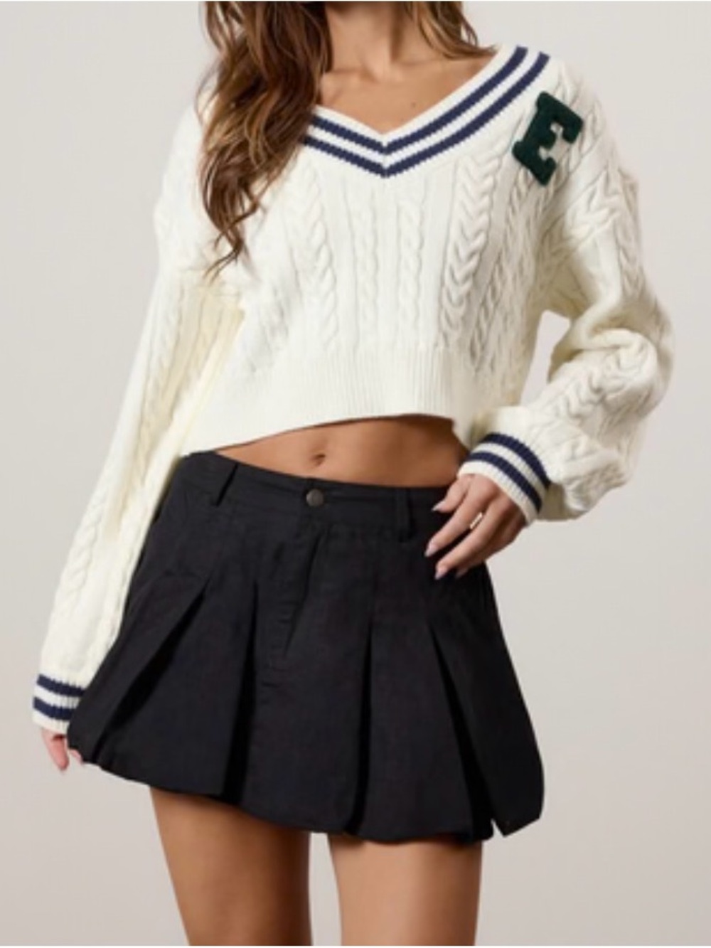 EDIKTED Collegiate Cropped Cable Knit Sweater